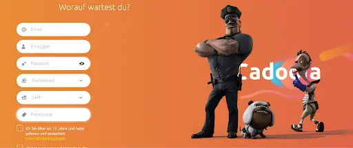 Casino Login-Seite mit Polizist, Hund und Cartoon-Charakter auf orangefarbenem Hintergrund