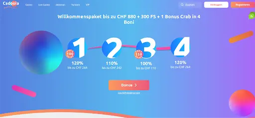 Willkommenbonus bis zu CHF 880 mit 300 Freispielen und 1 Bonus Crab in 4 Boni bei Cadoola Casino