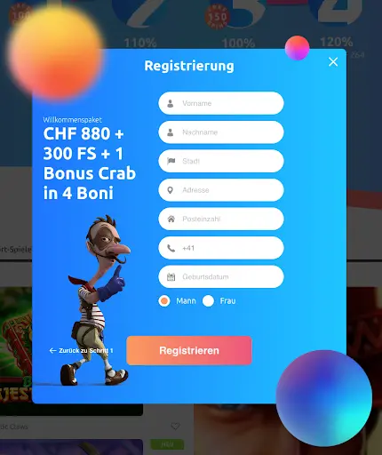 Casino Registrierungsformular mit persönlichen Daten und Willkommenspaket CHF 880 + 300 Freispiele