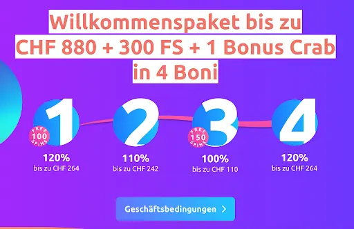 Cadoola Casino Willkommenspaket bis zu CHF 880 mit 300 Freispielen und 1 Bonus Crab in 4 Boni