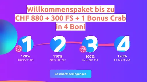 Willkommenspaket im Online Casino bis zu CHF 880, 300 Freispiele und 1 Bonus Crab in 4 Boni