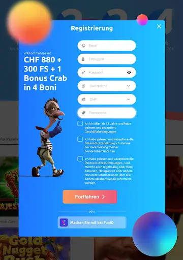Registrierungsformular mit Willkommenspaket CHF 880, 300 Freispiele und 1 Bonus Crab