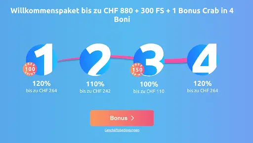 Willkommenspaket Casino Bonus bis zu CHF 880, 300 Freispiele und 1 Bonus Crab in 4 Einzahlungsboni